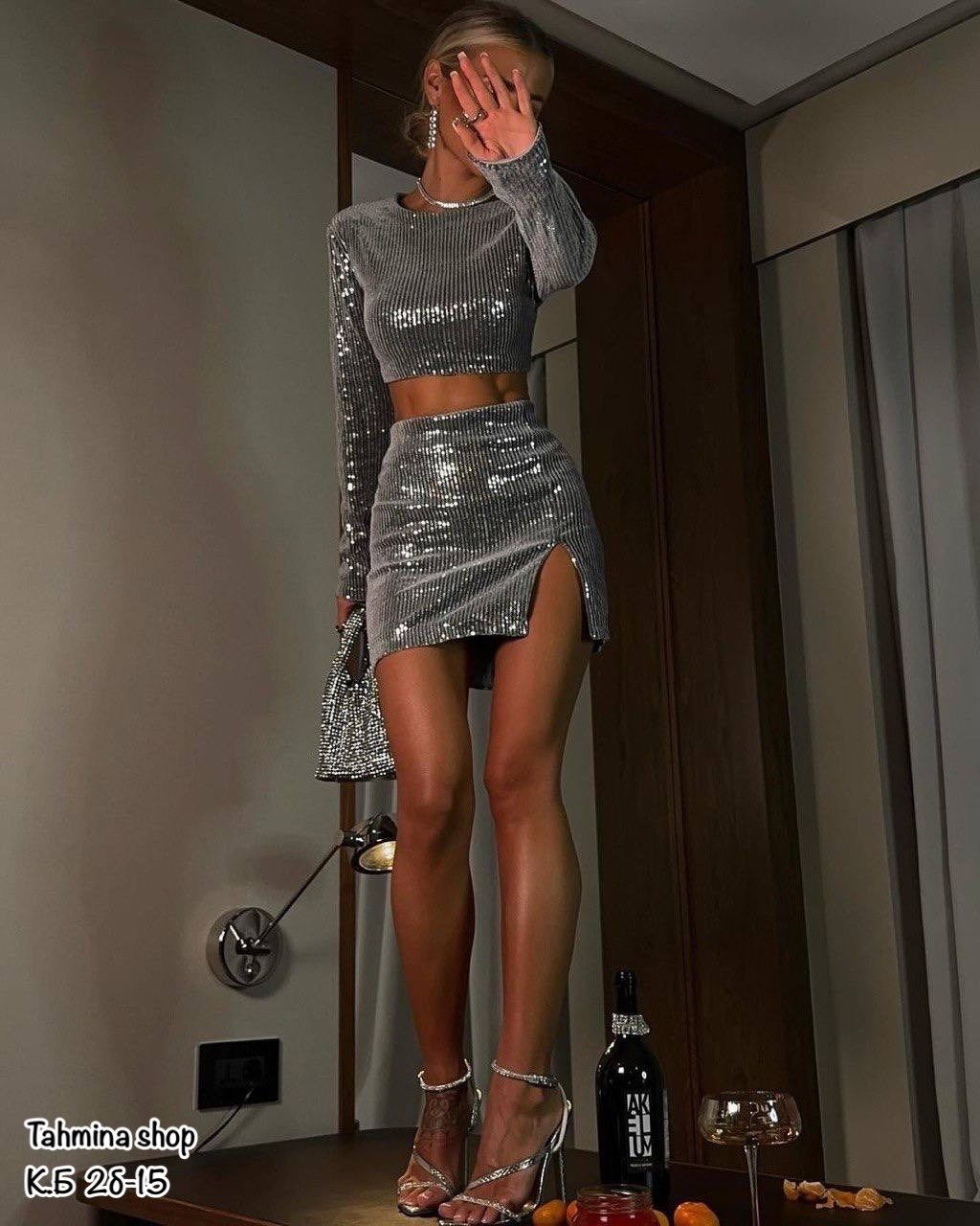 праздничный вечерний костюм с юбкой и топом из пайеток siyaydetka 283023015,женский костюм двойка с пайетками,праздничный вечерний костюм с юбкой и топом из пайеток siyaydetka цвет серебро,костюм двой