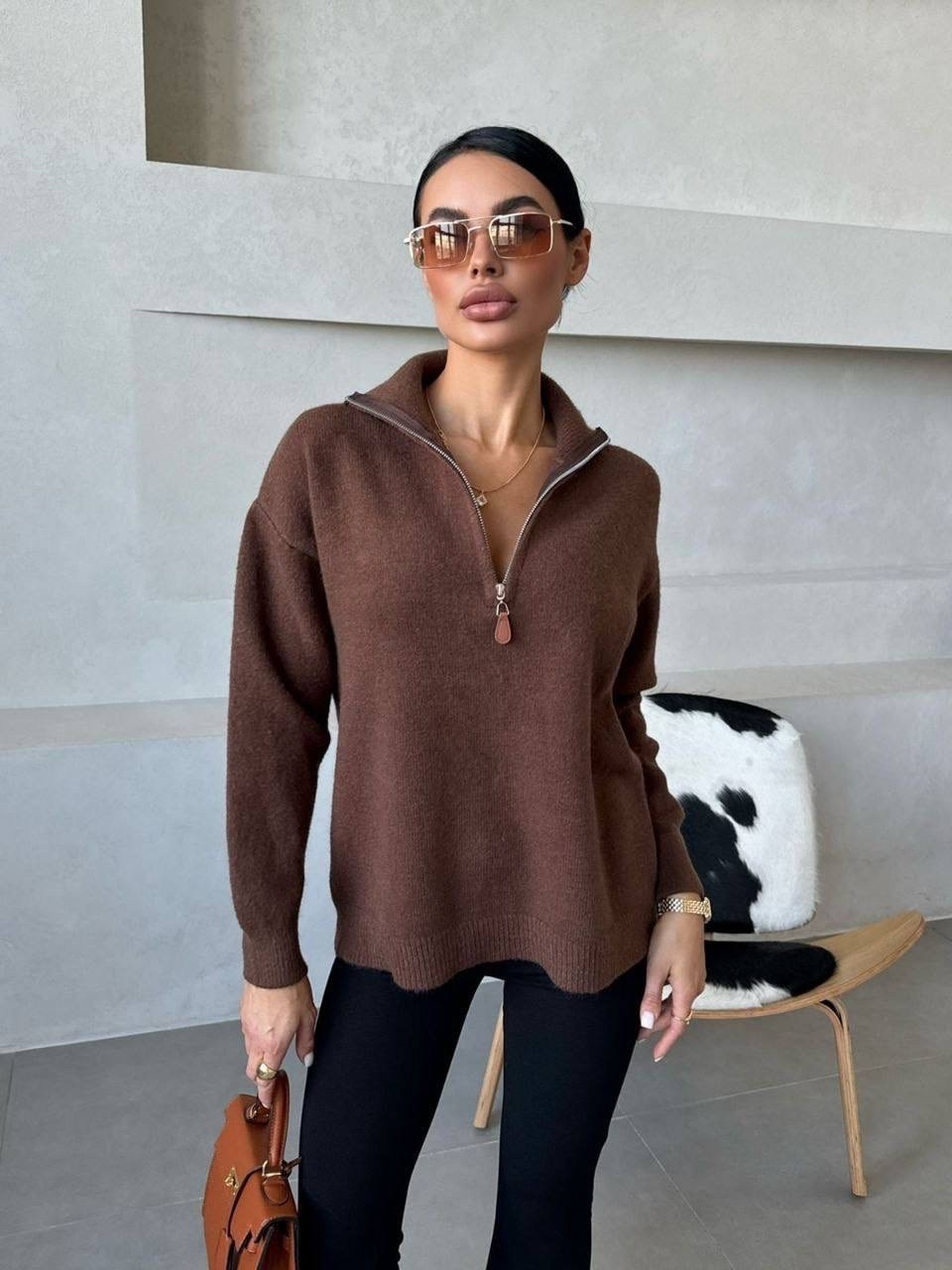 свитер вязаный оверсайз с горлом и молнией dh fashion,свитер женский,джемпер/ свитер вязаный оверсайз,джемпер/ свитер вязаный оверсайз tanya shop,свитер женский белый