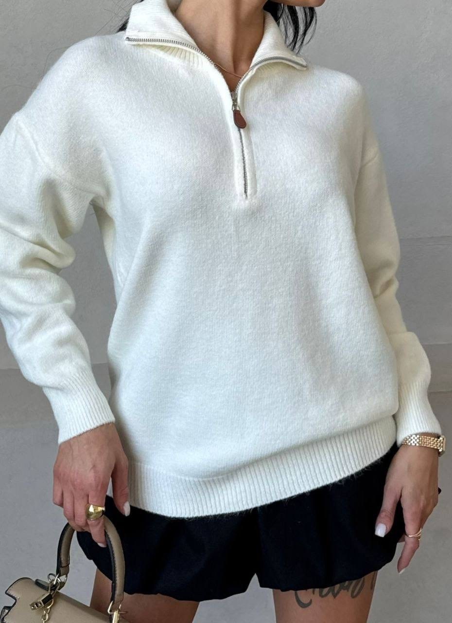 свитер вязаный оверсайз с горлом и молнией dh fashion,свитер женский,джемпер/ свитер вязаный оверсайз,джемпер/ свитер вязаный оверсайз tanya shop,свитер женский белый