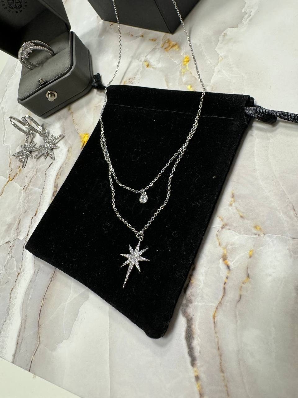 колье-подвеска "звездное сияние" с фианитами,цепочка с подвесками звезды,подвеска женская,цепочка с подвесками,ожерелье со звездами и метеоритом