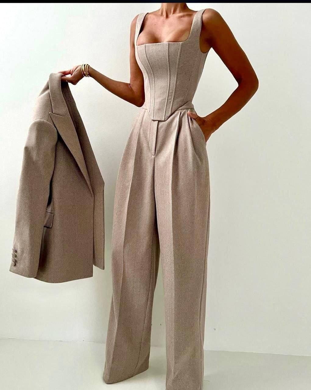 женские костюмы,костюмы брючные,брючные костюмы женские,костюм тройка женский,модный женский брючный костюм комплект из трех предметов с корсетом и широкими брюками