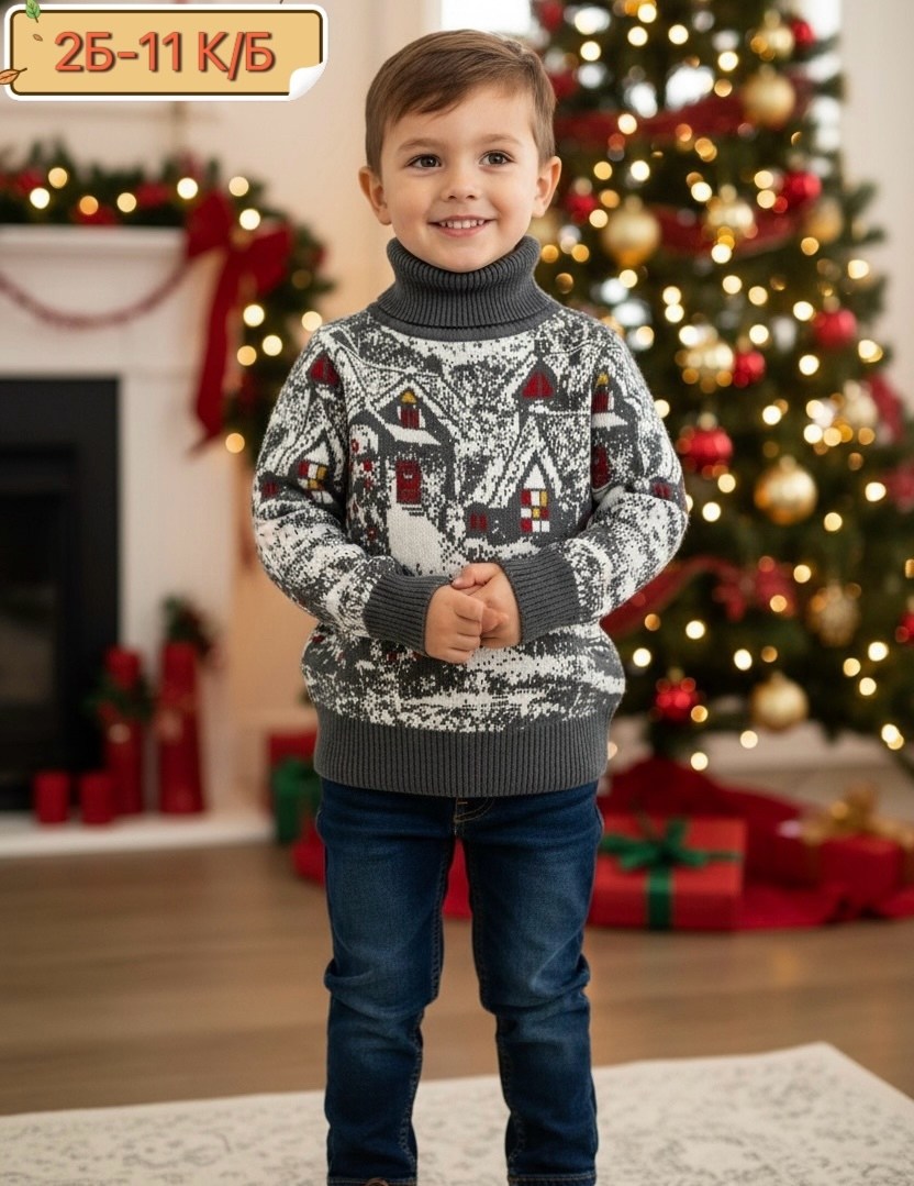 свитера для мальчик,детский свитер с оленями и домиками для мальчиков pulltonic,детский свитер с оленями,свитер детский,свитер pulltonic