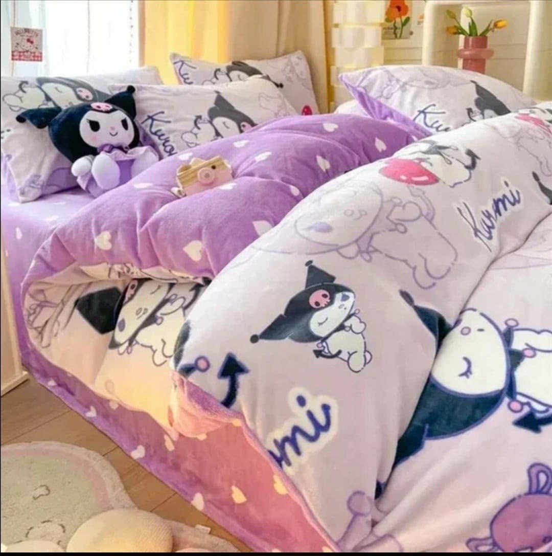комплект постельного белья sanrio,комплект постельного белья,комплект постельного белья miniso hello kitty kuromi 4 предмета,miniso sanrio kuromi постельное белье из хлопка комплект четырех предметов,