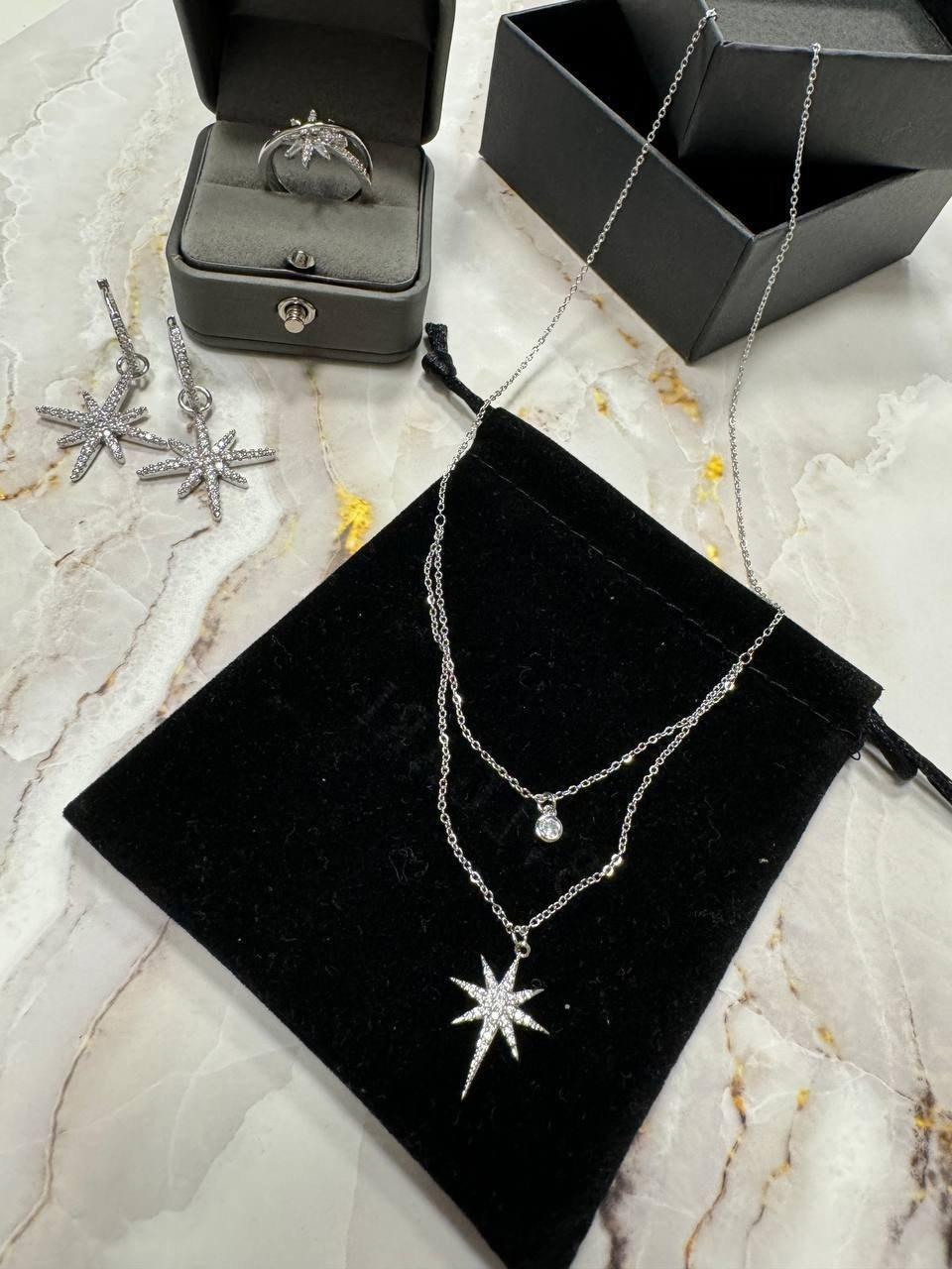 колье-подвеска "звездное сияние" с фианитами,цепочка с подвесками звезды,подвеска женская,цепочка с подвесками,ожерелье со звездами и метеоритом
