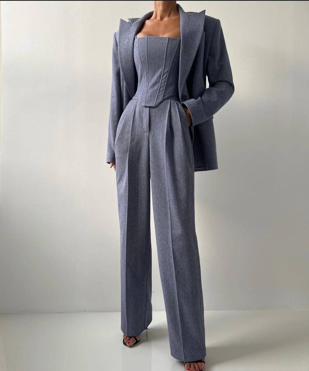 женские костюмы,костюмы брючные,брючные костюмы женские,костюм тройка женский,модный женский брючный костюм комплект из трех предметов с корсетом и широкими брюками