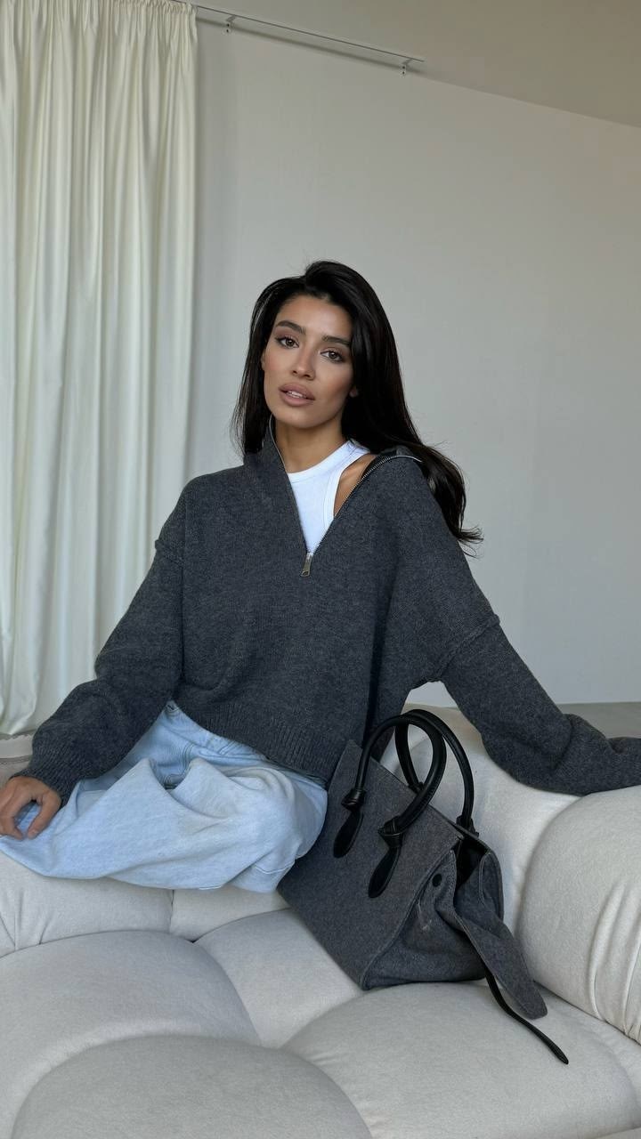 свитер оверсайз,hirsionsan осенние свитера с отложным воротником на молнии,пуловер на молнии,свитер вязаный оверсайз с горлом на молнии angel,кофта черный