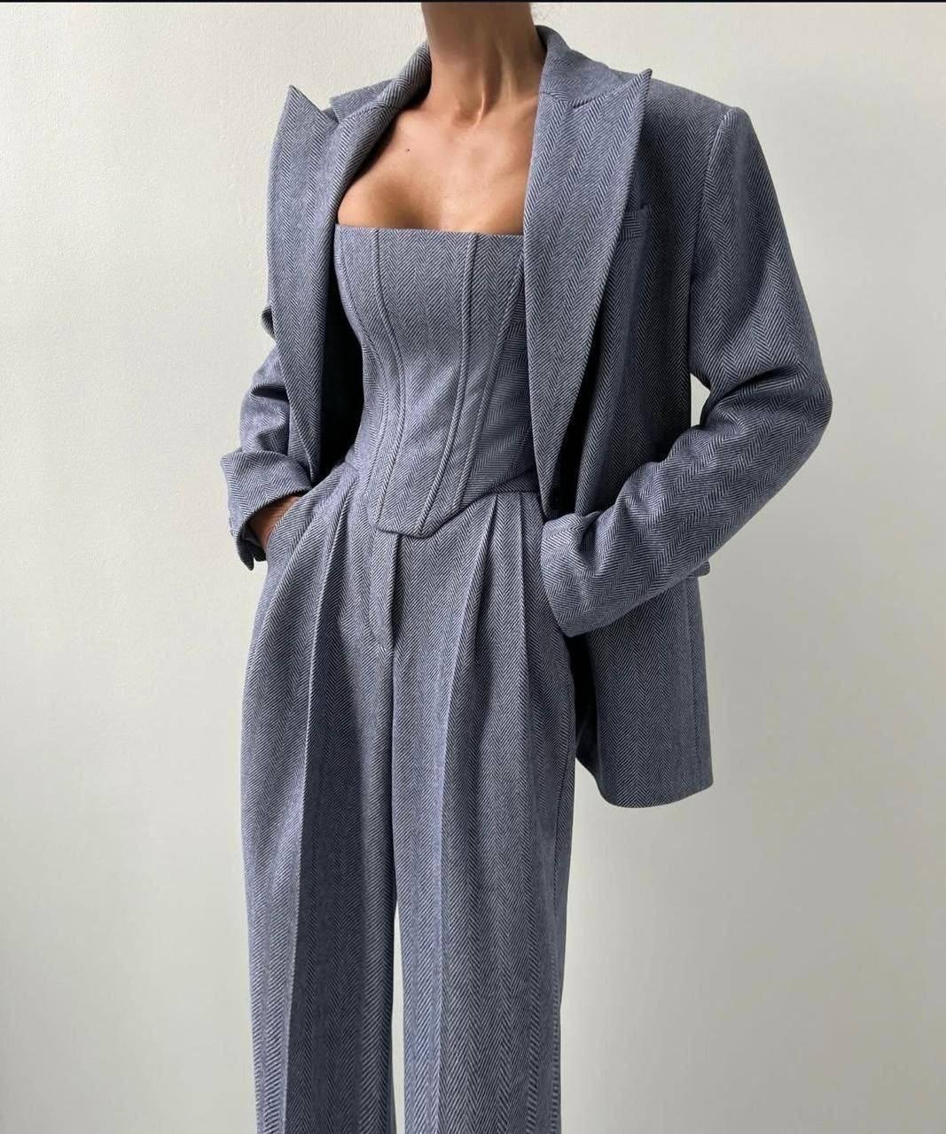 женские костюмы,костюмы брючные,брючные костюмы женские,костюм тройка женский,модный женский брючный костюм комплект из трех предметов с корсетом и широкими брюками