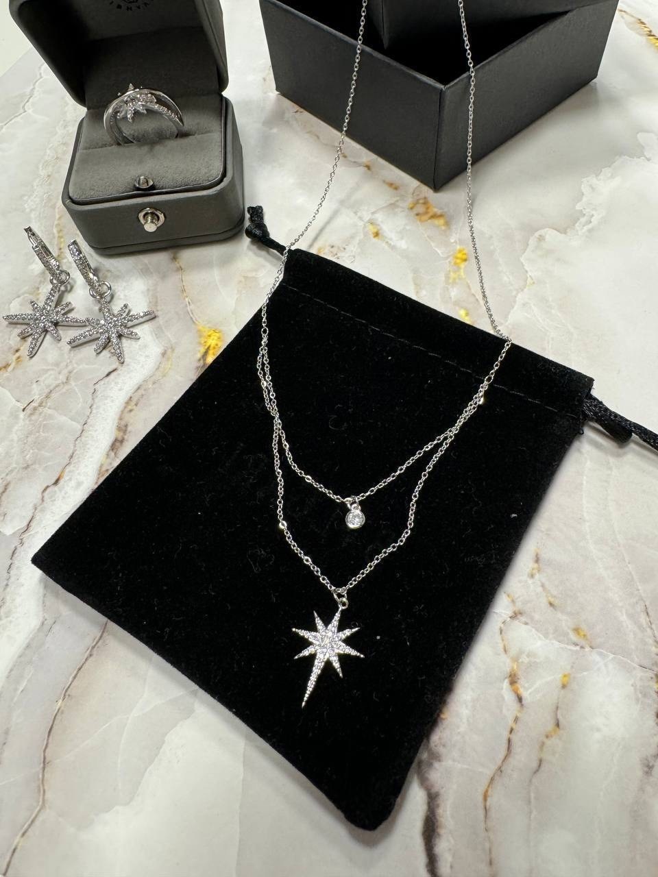 колье-подвеска "звездное сияние" с фианитами,цепочка с подвесками звезды,подвеска женская,цепочка с подвесками,ожерелье со звездами и метеоритом