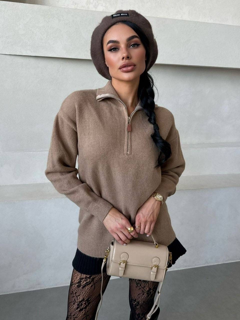 свитер вязаный оверсайз с горлом и молнией dh fashion,свитер женский,джемпер/ свитер вязаный оверсайз,джемпер/ свитер вязаный оверсайз tanya shop,свитер женский белый