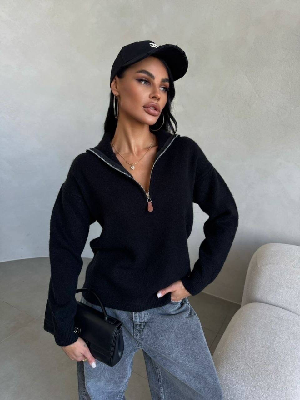 свитер вязаный оверсайз с горлом и молнией dh fashion,свитер женский,джемпер/ свитер вязаный оверсайз,джемпер/ свитер вязаный оверсайз tanya shop,свитер женский белый