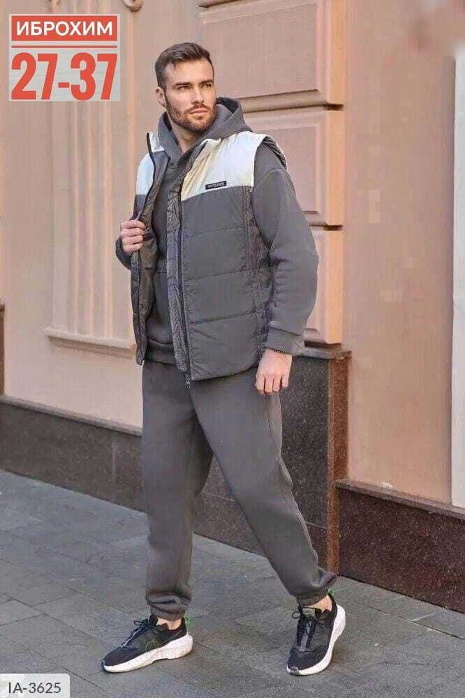 спортивный костюм тройка с жилеткой,мужская спортивная одежда,спортивный костюм с жилеткой теплый на флисе мужской больших размеров серый,мужской теплый спортивный костюм на флисе с жилетом,костюм спо