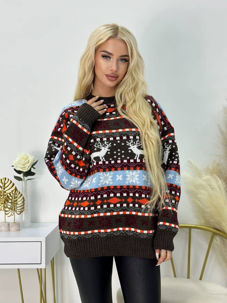 новогодний свитер,свитер новогодний принт оверсайз вязаный tonit,свитер женский,свитер новогодний с оленями теплый джемпер nazia shop,свитер оверсайз вязаный с оленями lyly fashion
