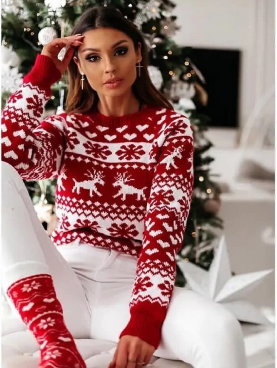 свитер теплый новогодний с оленями,свитер женский новогодний,свитер вязаный новогодний с оленями, свитера женские с оленями,зимний рождественский свитер для женщин жаккардовая вязка