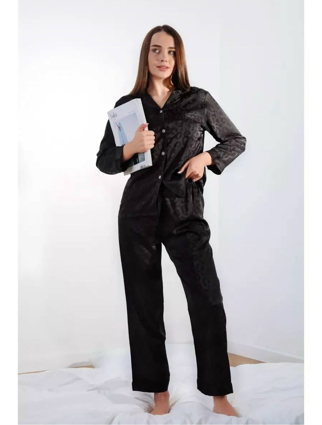 пижама со штанами и рубашкой шелковая домашняя seraphine,пижамы женски,женская шелковая пижама,пижама женская шелковая с длинным рукавом и брюками,пижама из искусственного шелка