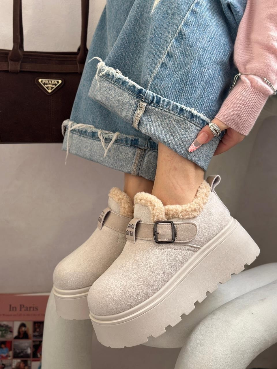 ,зимняя  женская,меховые замшевые туфли на плоской подошве на платформе,меховая ,женская