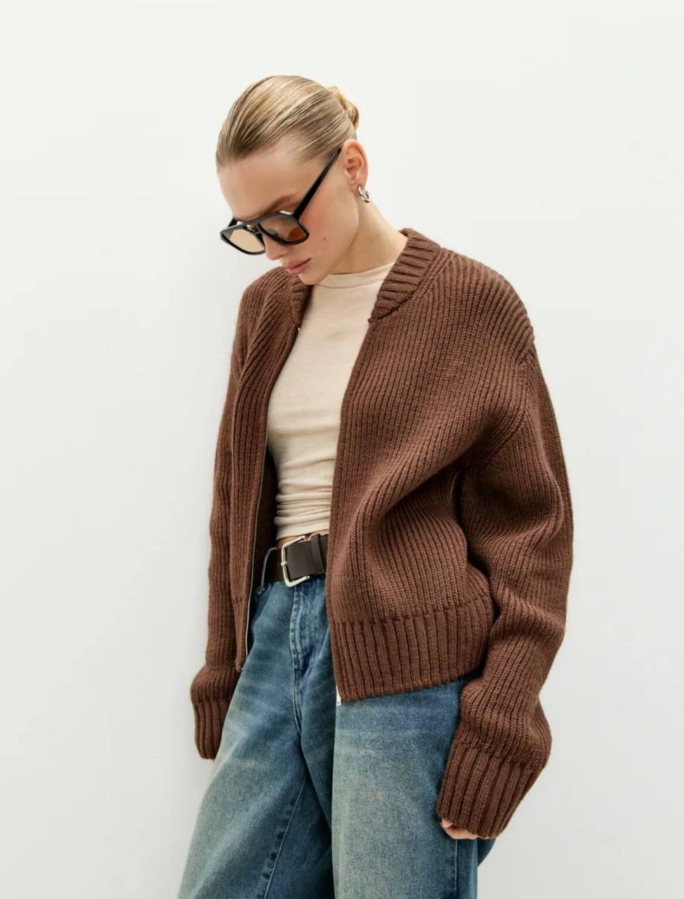 кардиган на молнии вязаный укороченный,женский трикотажный кардиган на молнии,вязаный кардиган на молнии,кардиган,повседневный однотонные вязаный кардиган на молнии