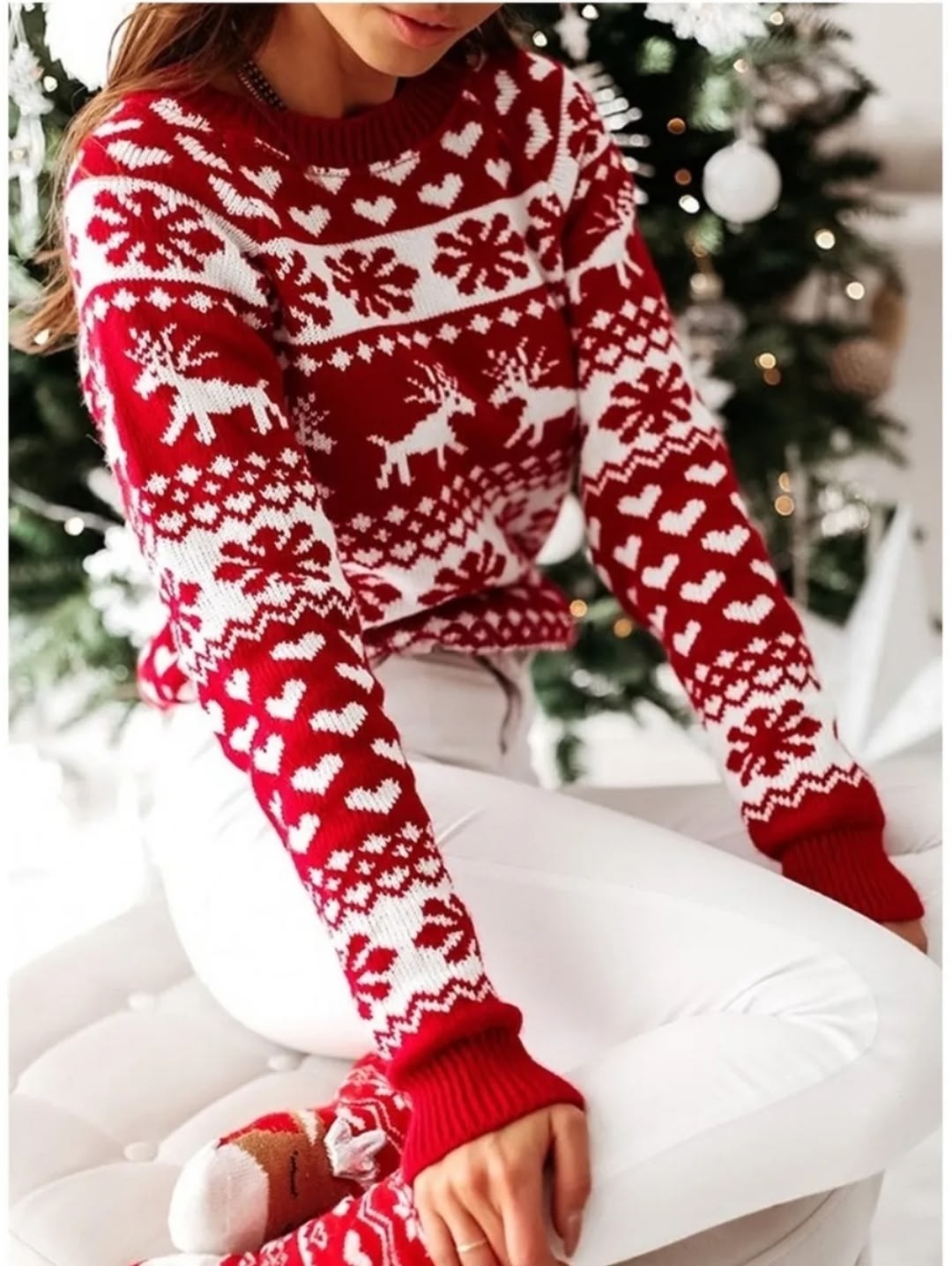 свитер теплый новогодний с оленями,свитер женский новогодний,свитер вязаный новогодний с оленями, свитера женские с оленями,зимний рождественский свитер для женщин жаккардовая вязка