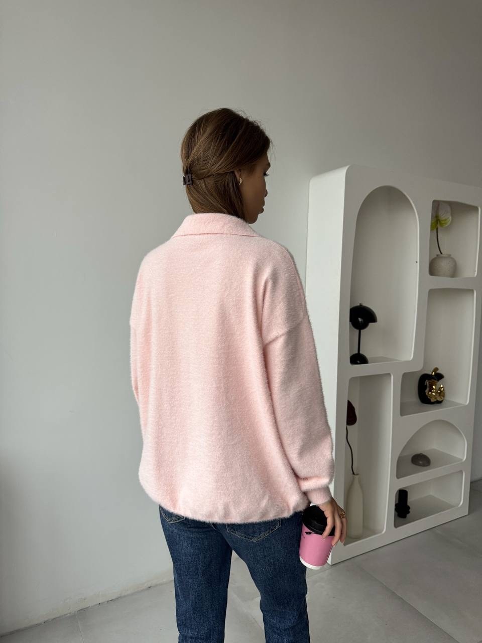 джемпер женский,розовый свитер,розовый джемпер,джемпер с воротником,джемпер