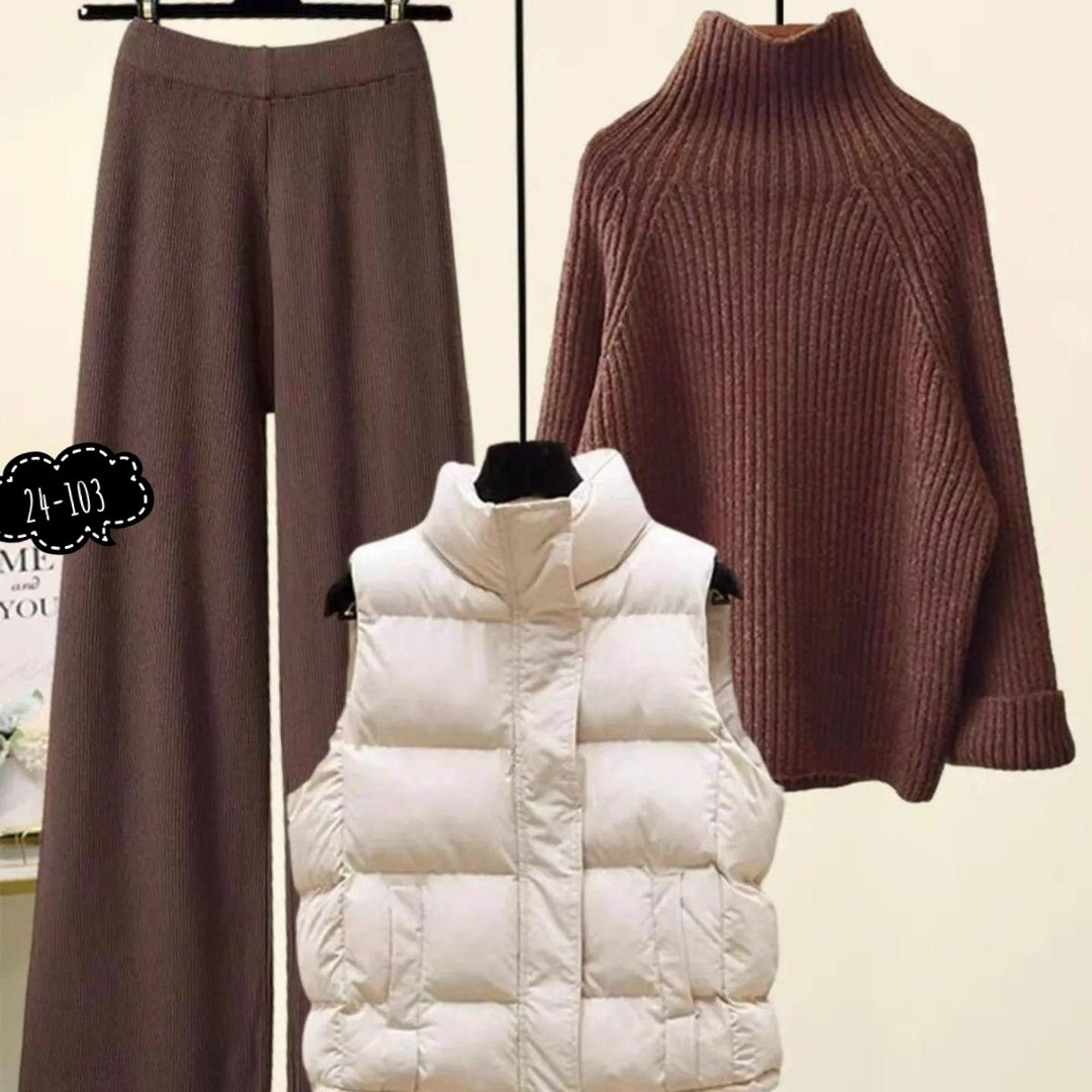 комплект одежды женские,костюм женский тройка,трикотажные костюмы,костюм свободного кроя,женский комплект из большого свитера с высоким воротником и широких брюк