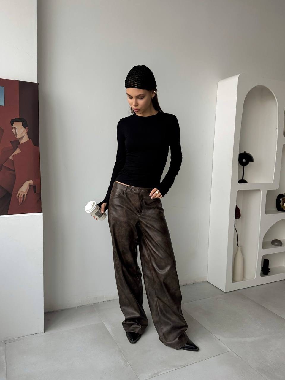 брюки палаццо из экокожи с высокой посадкой espiro,женские брюки кожаные,брюки из экокожи,кожаные брюки,брюки из экокожи женские