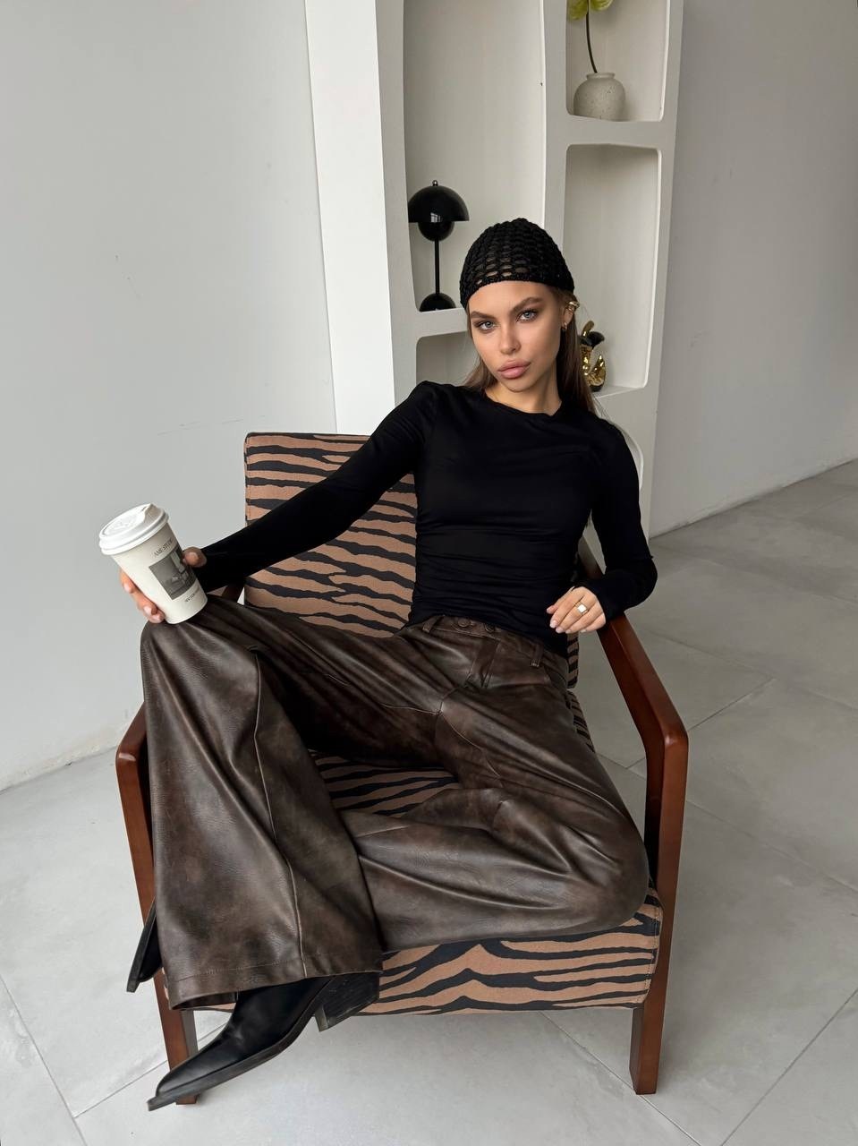 брюки палаццо из экокожи с высокой посадкой espiro,женские брюки кожаные,брюки из экокожи,кожаные брюки,брюки из экокожи женские