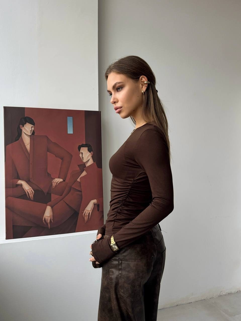 лонгслив женский emberens коричневый длинный,лонгслив с длинным рукавом emberens коричневый,лонгслив с длинным рукавом emberens 283013766,коричневый лонгслив,лонгслив женский