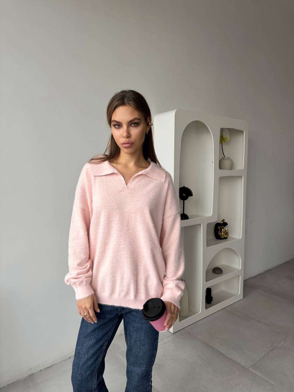 джемпер женский,розовый свитер,розовый джемпер,джемпер с воротником,джемпер
