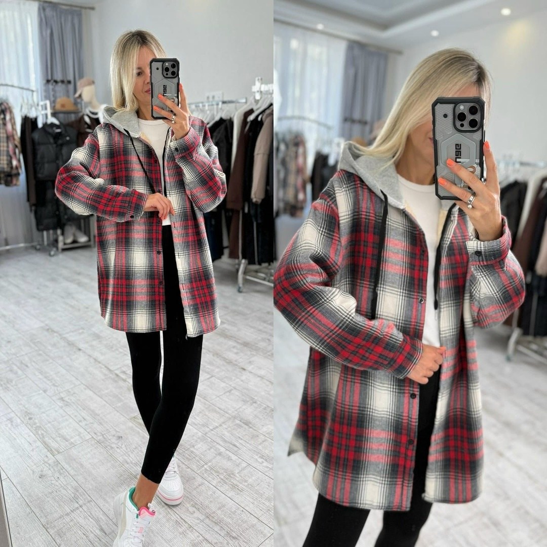 рубашка клетчатая с мехом внутри с капюшоном melidim,рубашка клетки с капюшоном,рубашка в клетку с капюшоном оверсайз,рубашка клетчатая удлиненная с мехом капюшоном melidim,женская рубашка