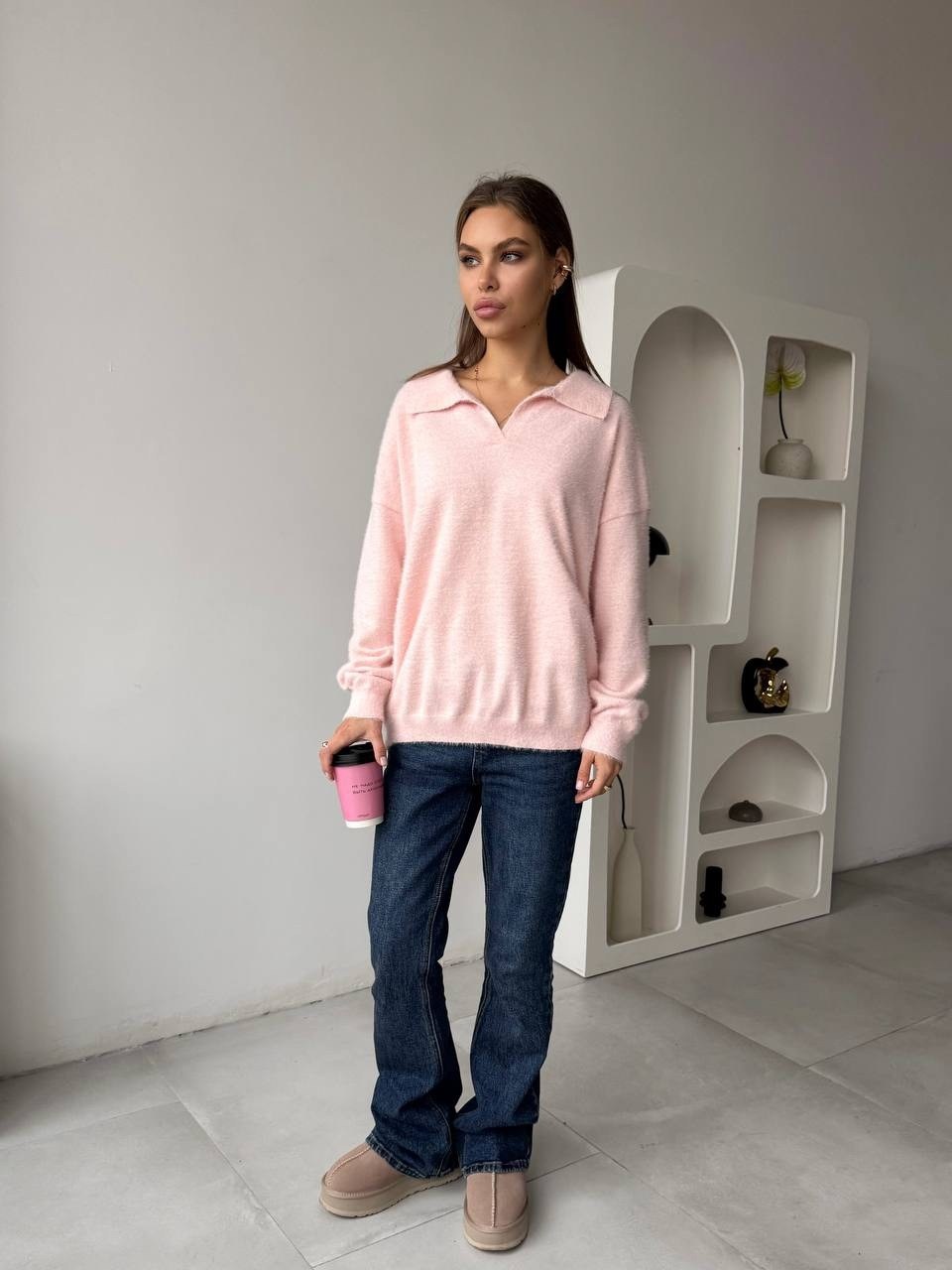 джемпер женский,розовый свитер,розовый джемпер,джемпер с воротником,джемпер