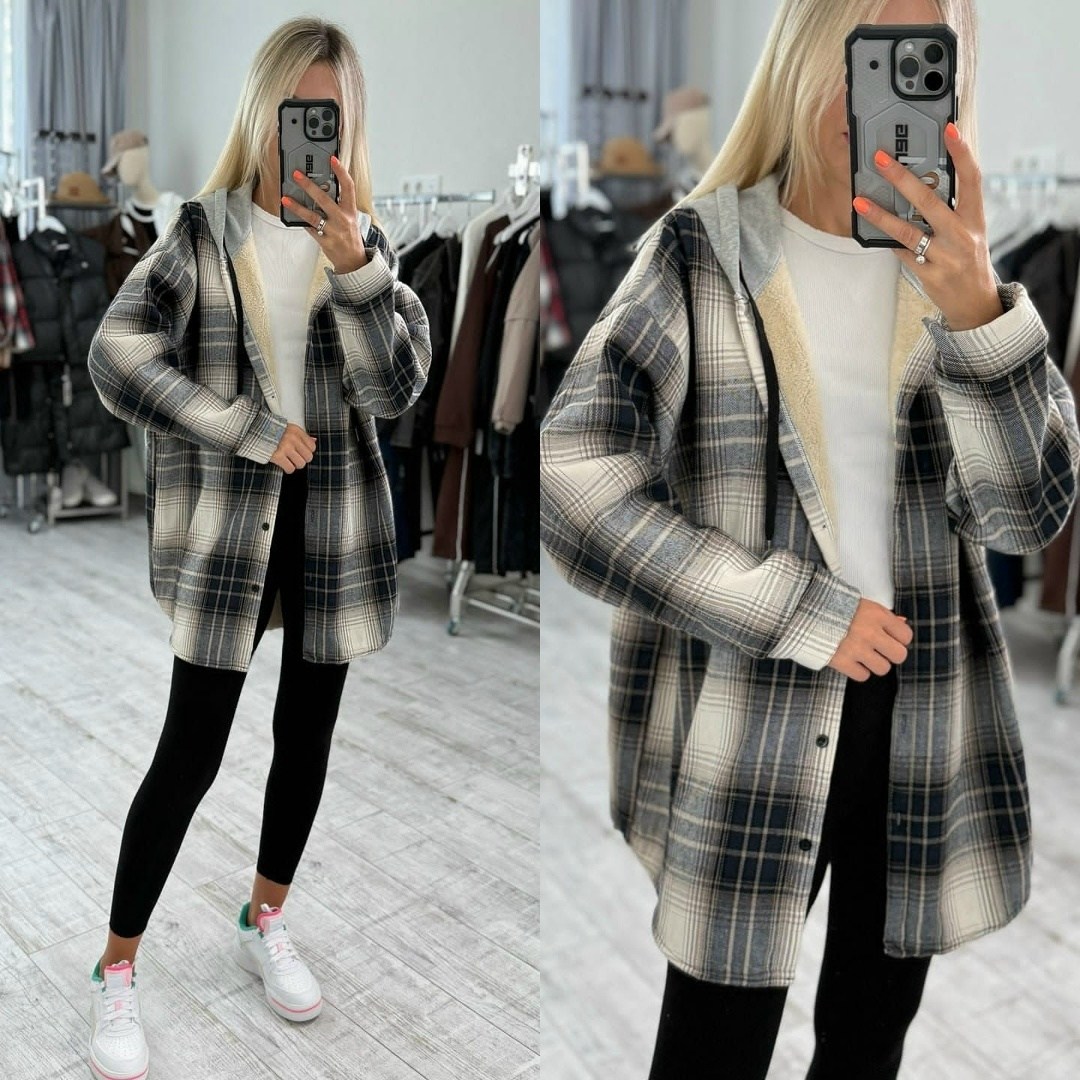 рубашка клетчатая с мехом внутри с капюшоном melidim,рубашка клетки с капюшоном,рубашка в клетку с капюшоном оверсайз,рубашка клетчатая удлиненная с мехом капюшоном melidim,женская рубашка