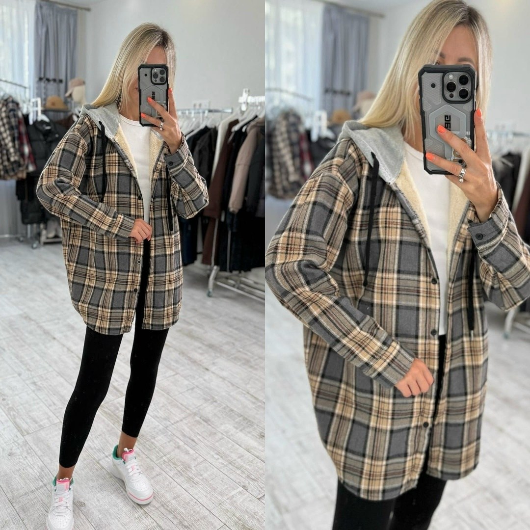 рубашка клетчатая с мехом внутри с капюшоном melidim,рубашка клетки с капюшоном,рубашка в клетку с капюшоном оверсайз,рубашка клетчатая удлиненная с мехом капюшоном melidim,женская рубашка