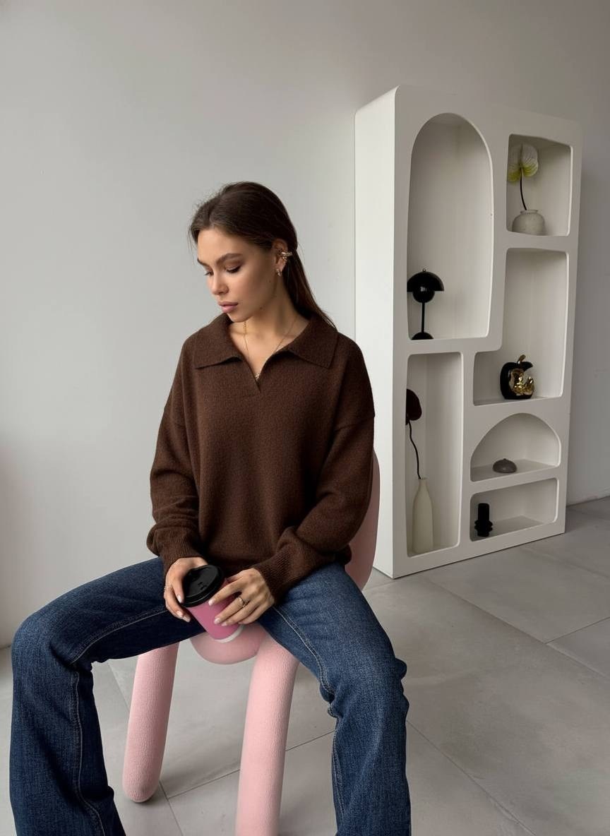 свитер вязаный оверсайз с горлом на молнии mycloz цвет коричневый,джемпер,свитер объемный на молнии niceone какао,свитер с воротником,джемпер на молнии женский
