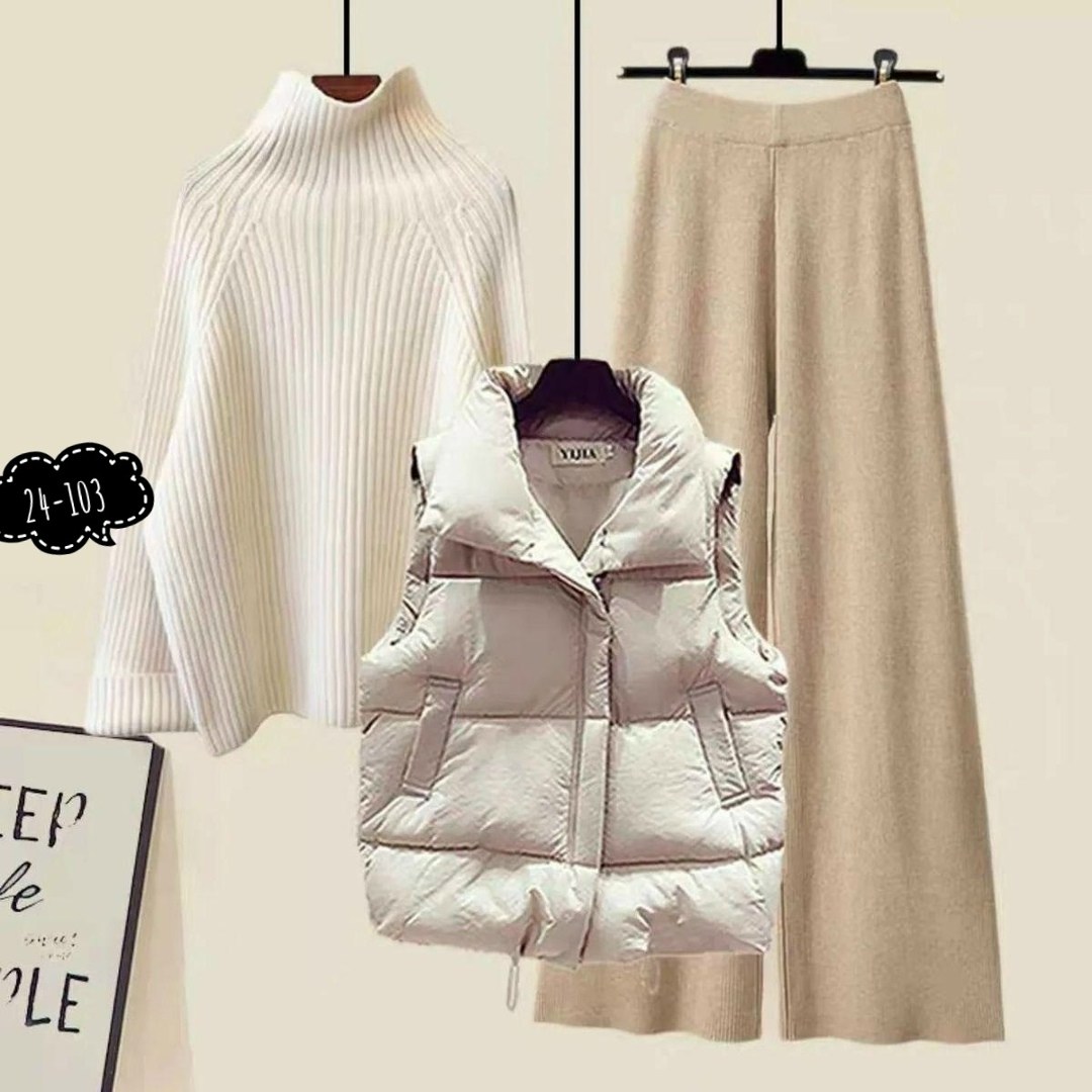 комплект одежды женские,костюм женский тройка,трикотажные костюмы,костюм свободного кроя,женский комплект из большого свитера с высоким воротником и широких брюк