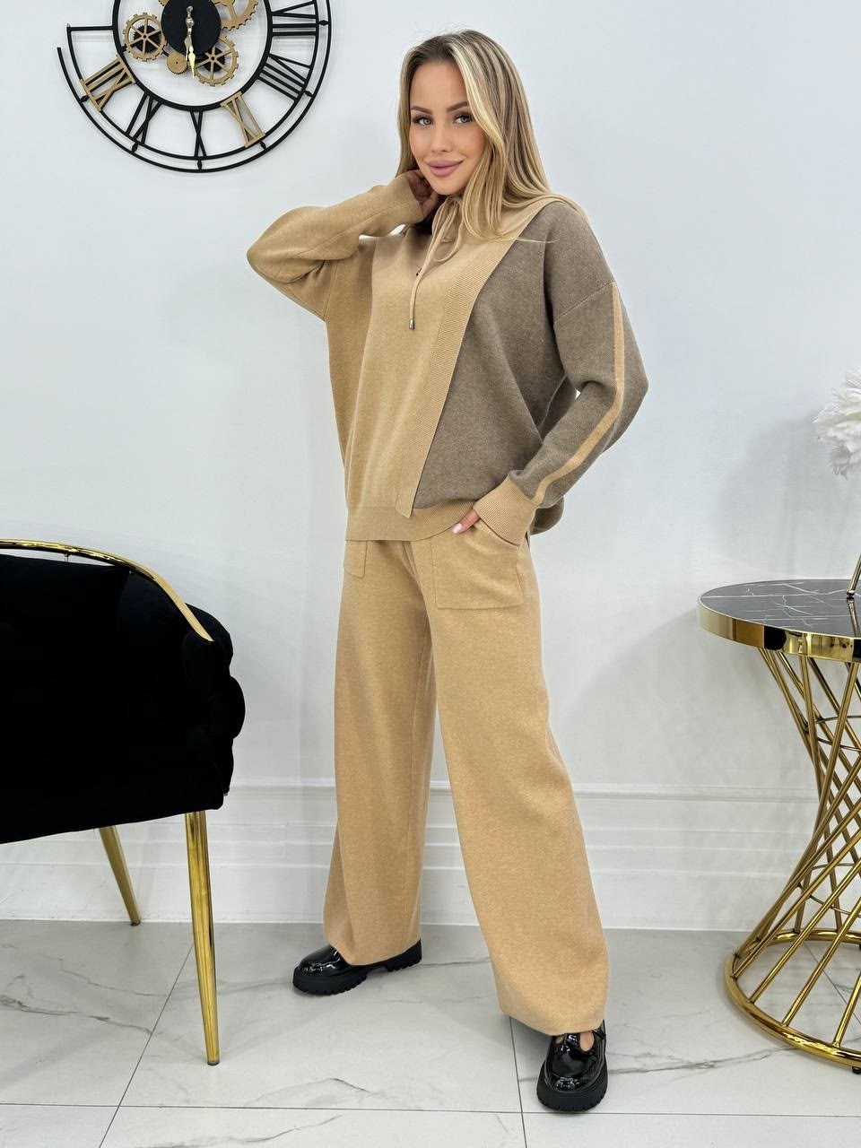 костюм женский: свитер и штаны (one size 42-48) арт. 1361301,костюм трикотажный oversize kotam,трикотажный костюм,костюм женский вязаный,белый трикотажный костюм