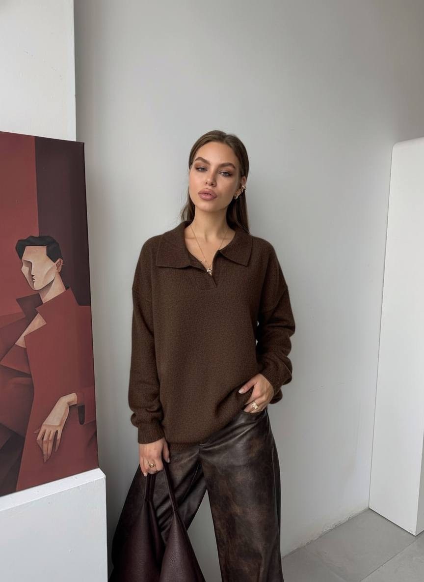 свитер вязаный оверсайз с горлом на молнии mycloz цвет коричневый,джемпер,свитер объемный на молнии niceone какао,свитер с воротником,джемпер на молнии женский