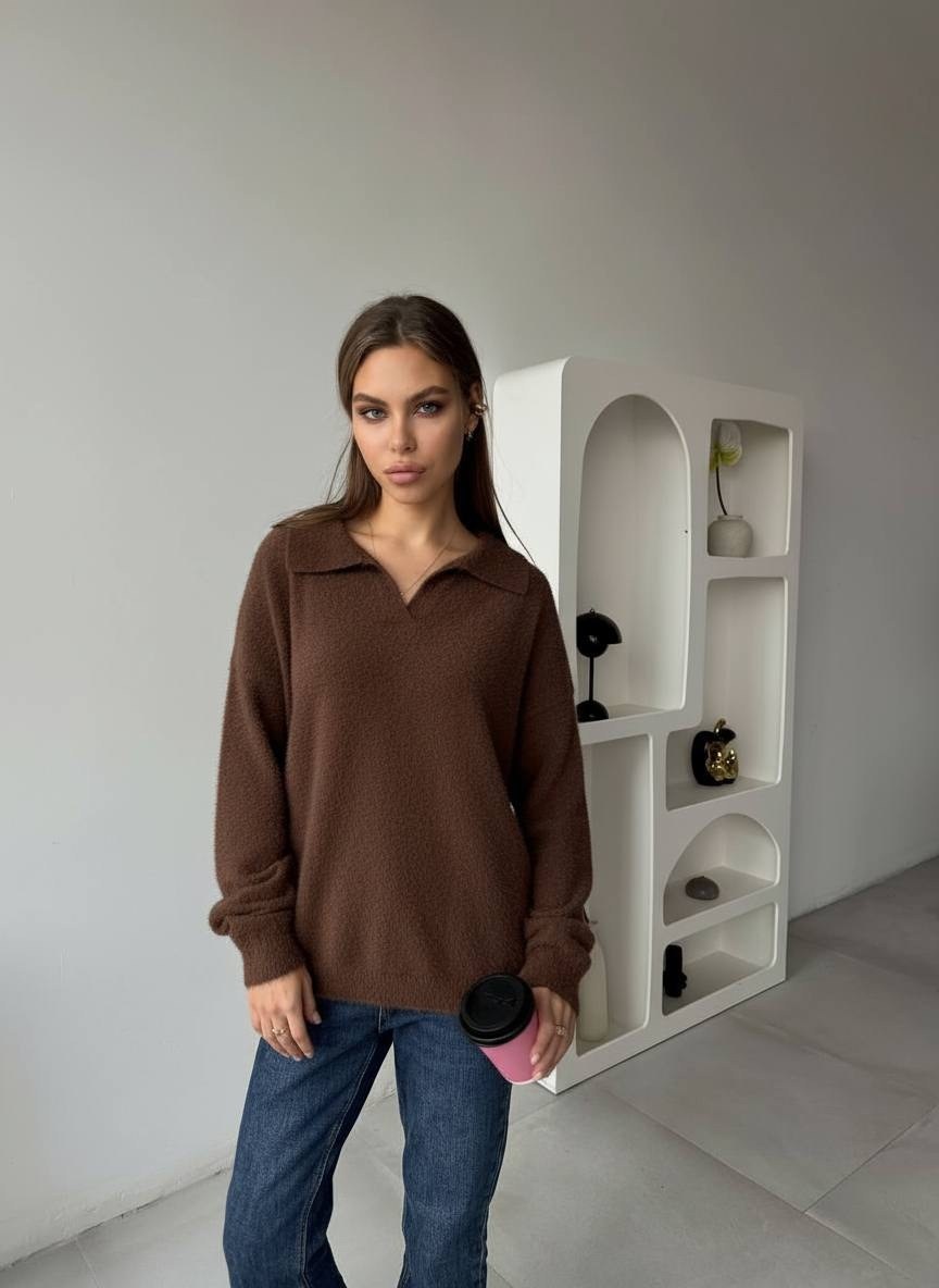 свитер вязаный оверсайз с горлом на молнии mycloz цвет коричневый,джемпер,свитер объемный на молнии niceone какао,свитер с воротником,джемпер на молнии женский