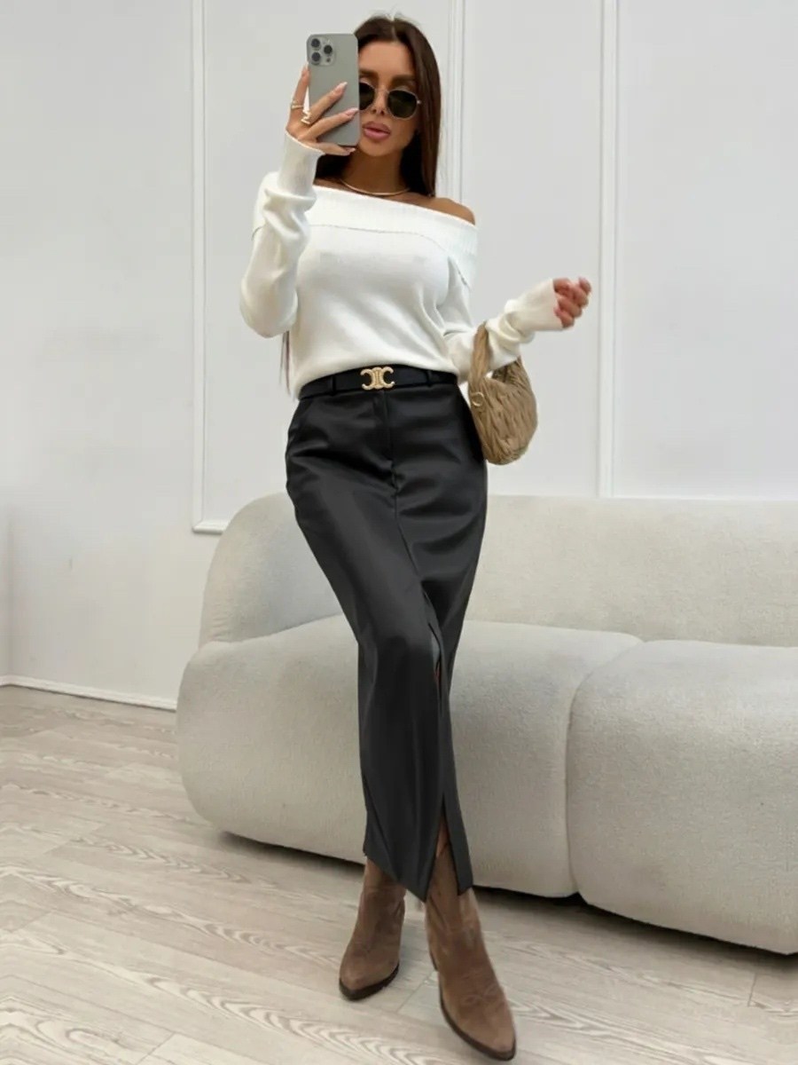 юбка кожаная миди с разрезом,юбка кожаная миди,женская юбка из экокожи,юбка из экокожи,юбка кожаная женская