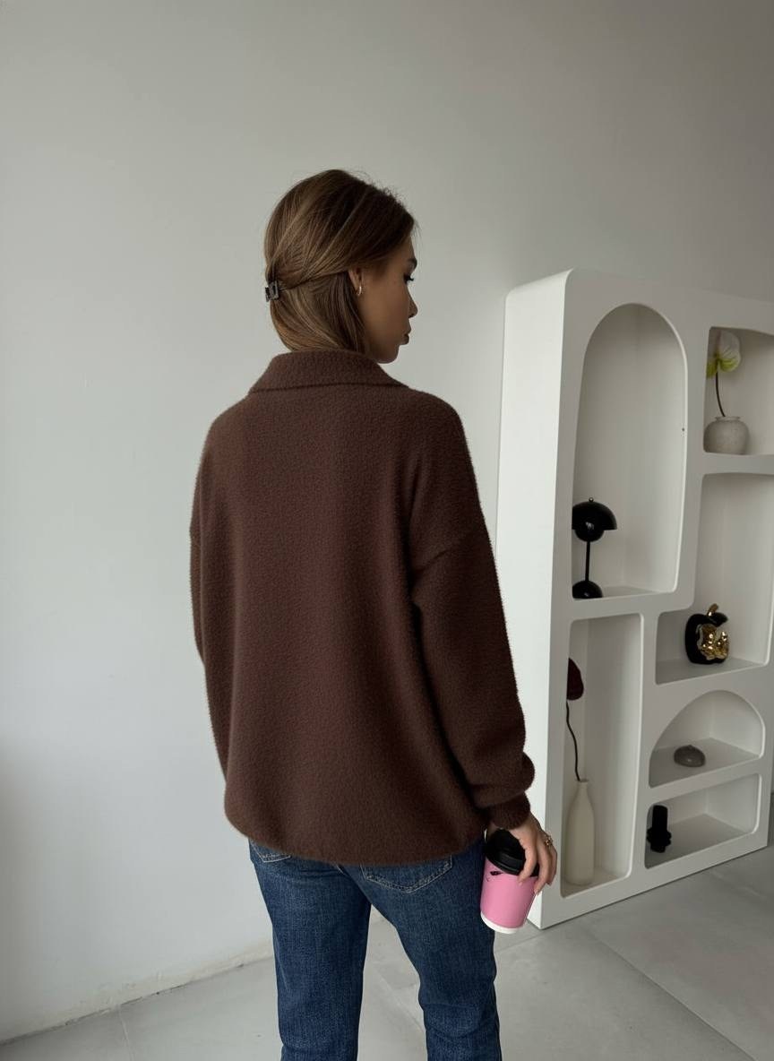 свитер вязаный оверсайз с горлом на молнии mycloz цвет коричневый,джемпер,свитер объемный на молнии niceone какао,свитер с воротником,джемпер на молнии женский