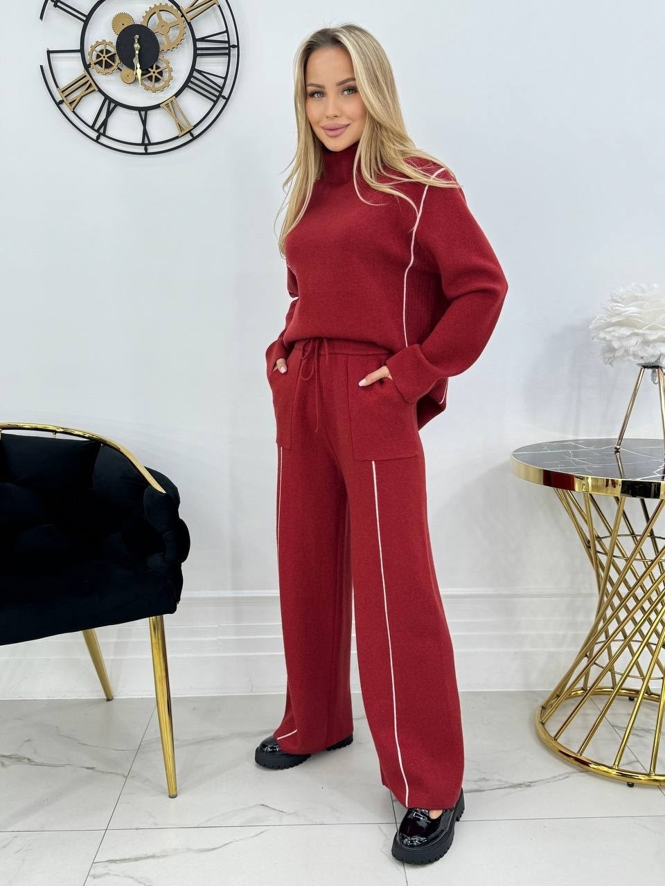 костюм женский: свитер и штаны (one size 42-48) арт. 1361301,костюм трикотажный oversize kotam,трикотажный костюм,костюм женский вязаный,белый трикотажный костюм