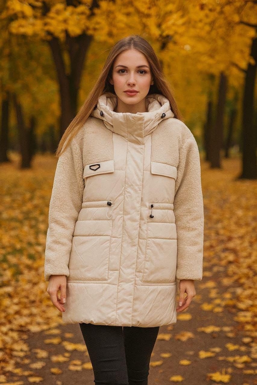 куртка женская,женская зимняя куртка,комбинированный пуховик,куртка модная,комбинированная куртка