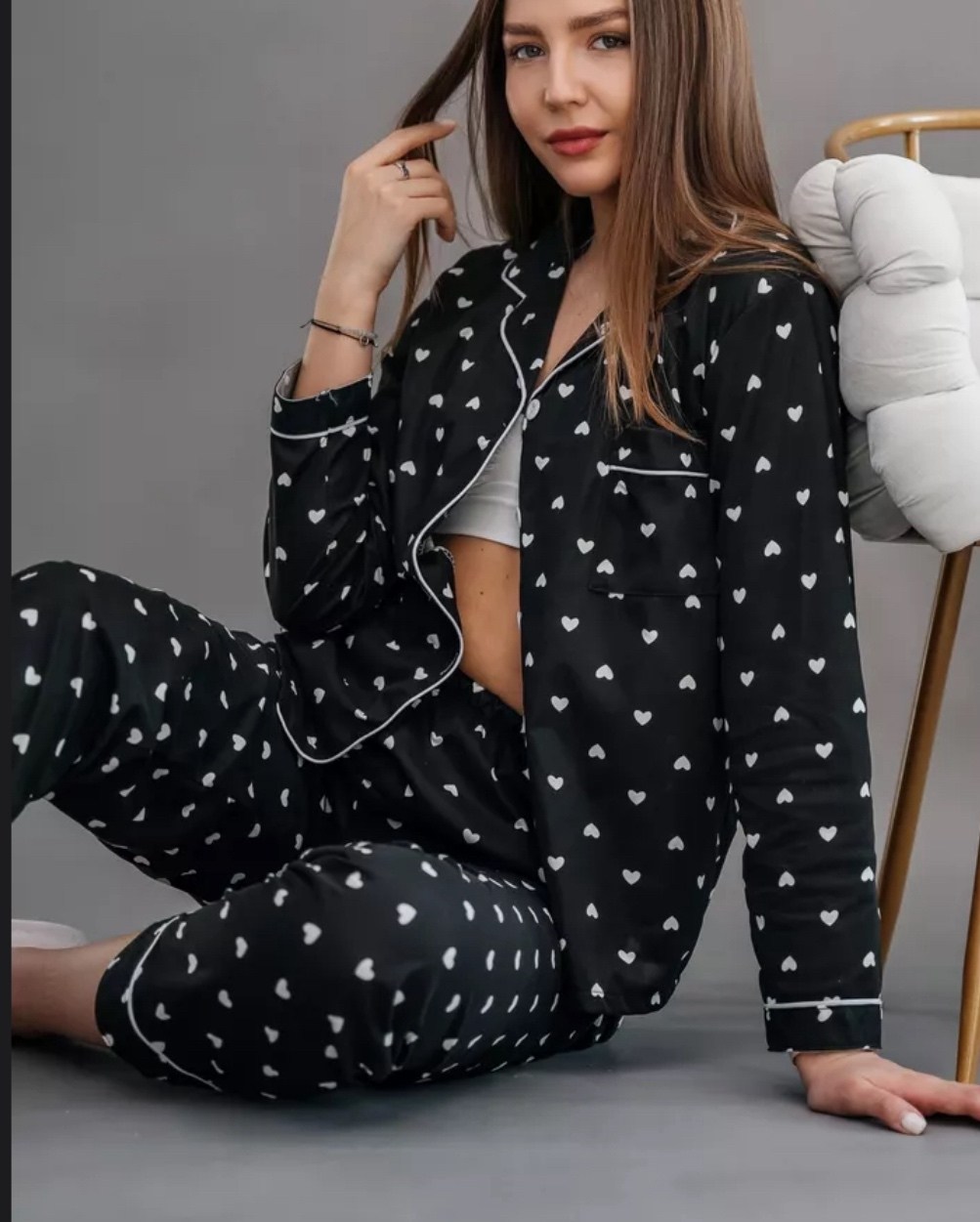 пижама со штанами и рубашкой с сердечками shenborn,пижама со штанами и рубашкой с сердечками,пижама со штанами и рубашкой с сердечками shenborn 230152898,черная молодежная пижама,женская пижама рубашк