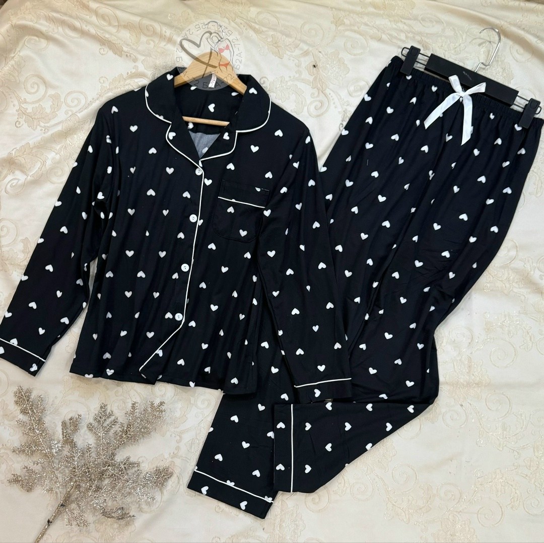 пижама со штанами и рубашкой с сердечками shenborn,пижама со штанами и рубашкой с сердечками,пижама со штанами и рубашкой с сердечками shenborn 230152898,черная молодежная пижама,женская пижама рубашк