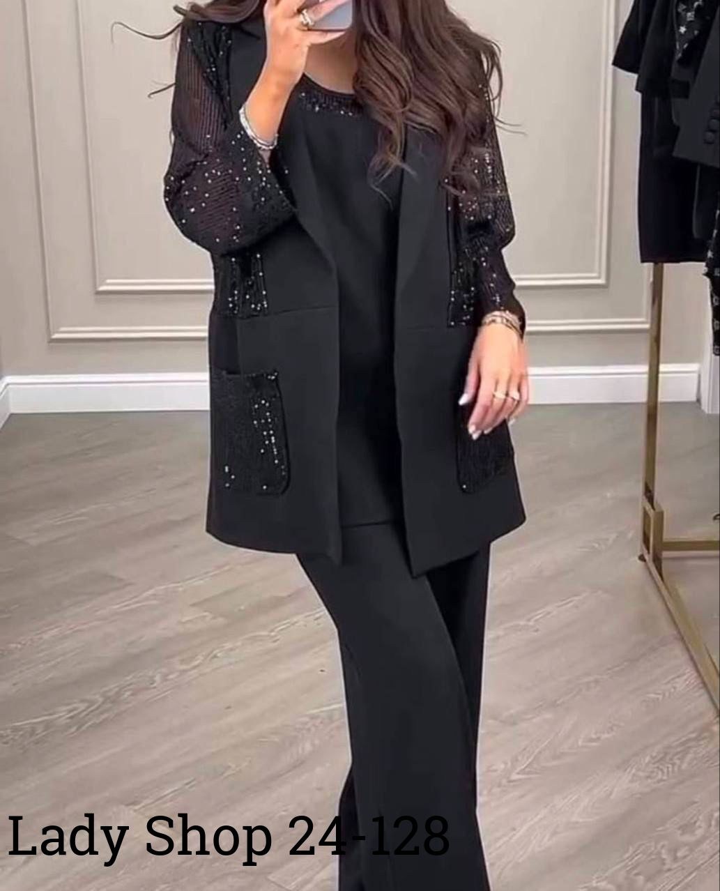 женский костюм тройка ткань креп и пайетки,женский костюм тройка,брючный костюм,костюм тройка,костюм женский