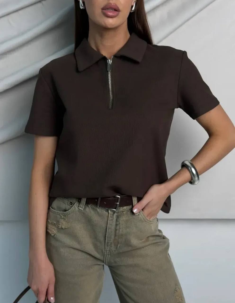 женская футболка поло,поло с замком,женская кофта,женская стильная футболка поло на короткой молнии,женская футболка