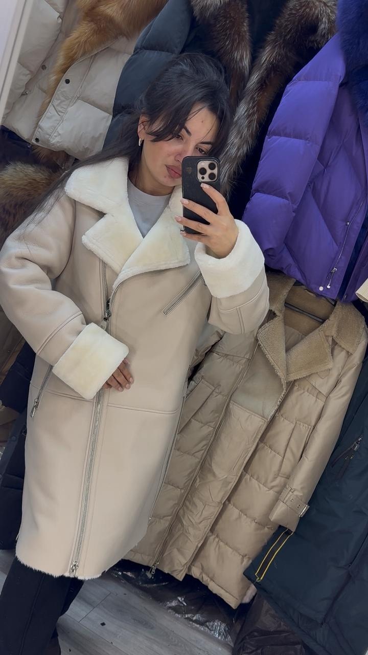 дубленка женская,дубленка молочная из искусственной кожи 90 см,дублёнка,стильная дубленка,дубленка
