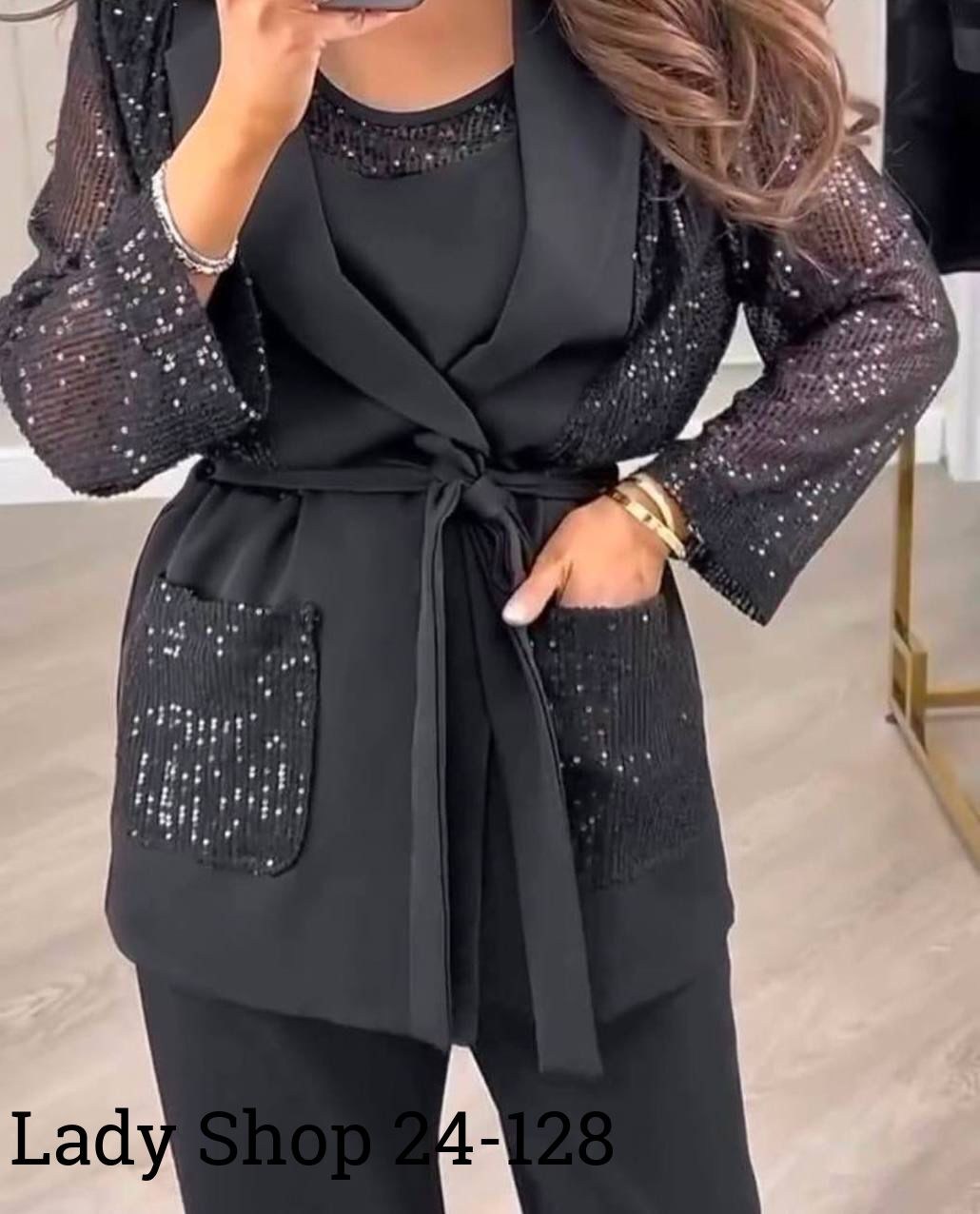 женский костюм тройка ткань креп и пайетки,женский костюм тройка,брючный костюм,костюм тройка,костюм женский
