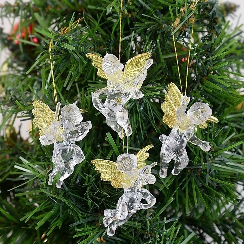 золотой рождественский ангел подвеска,рождественский прозрачный ангел с золотыми украшениями,акриловые украшения с ангелами для рождественской елки,новогодние украшения елочные игрушки ангелы 4 шт,рож