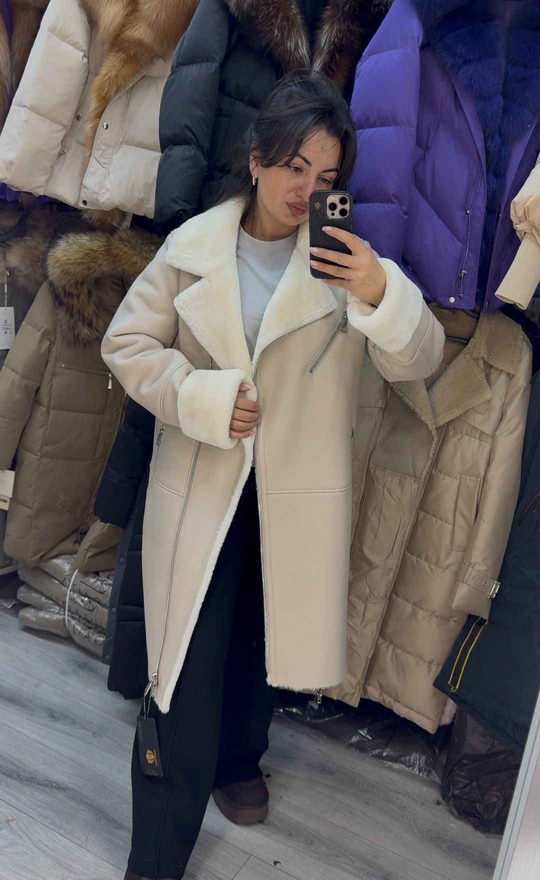 дублёнка женская,дубленка удлиненная,дублёнка,дубленка молочная из искусственной кожи 90 см,стильная дубленка