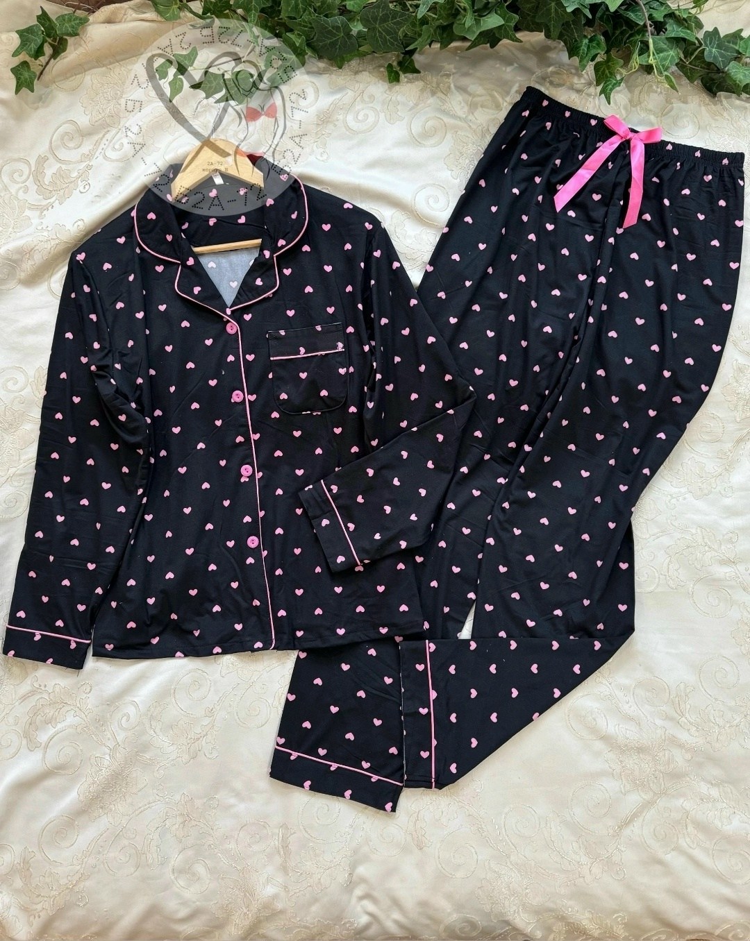 пижама со штанами и рубашкой с сердечками shenborn,пижама со штанами и рубашкой с сердечками,пижама со штанами и рубашкой с сердечками shenborn 230152898,черная молодежная пижама,женская пижама рубашк