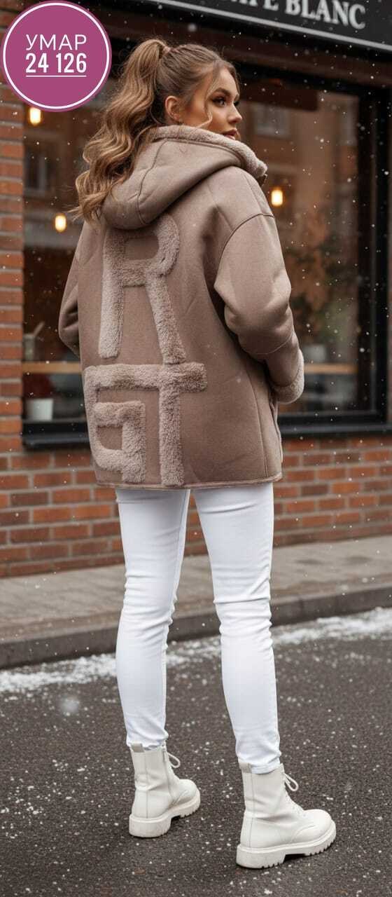 двухсторонняя эко дубленка с капюшоном 28649 (бежевый),дубленка женская,теплая куртка,дубленка из экокожи,модные дубленки